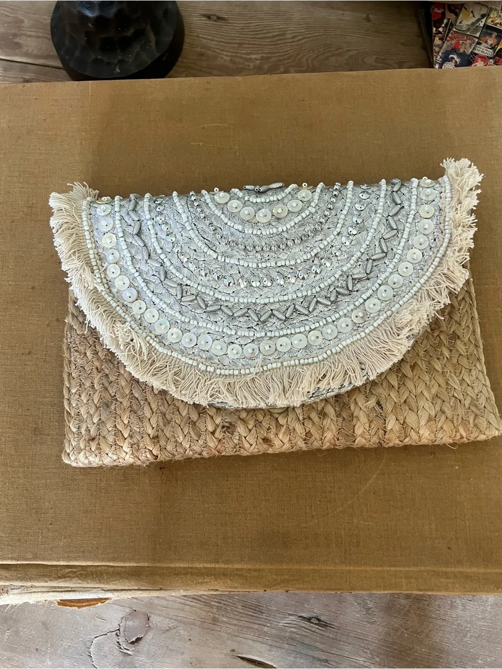 Tolani Natural Straw Clutch with Cream Embroidered Fringe Flap